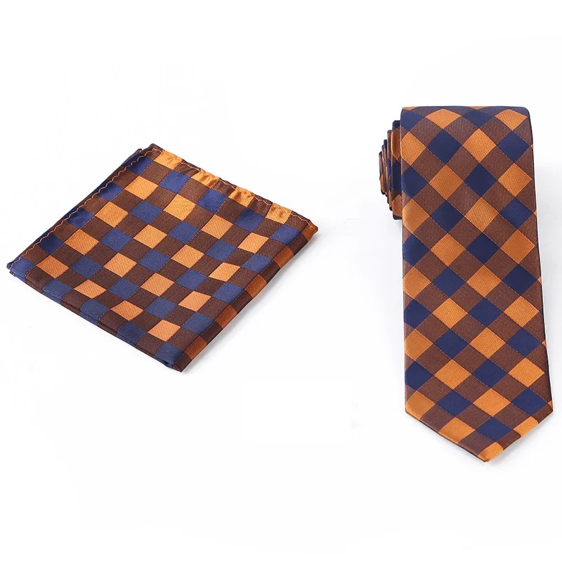 Custom Mens Gravate Tie Set Orange Plaid Woven Microfiber Necktie  Pocket Square Cufflinks Set with Gift Box for Men (60825448569)