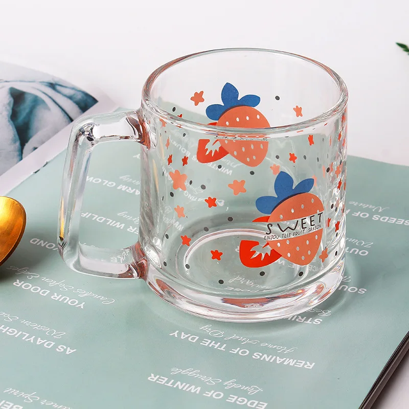330ml Creative Glass Ins Cute Little Daisy Tulip Strawberry Prints Breakfast Glass Cup Household Water Cup Mug