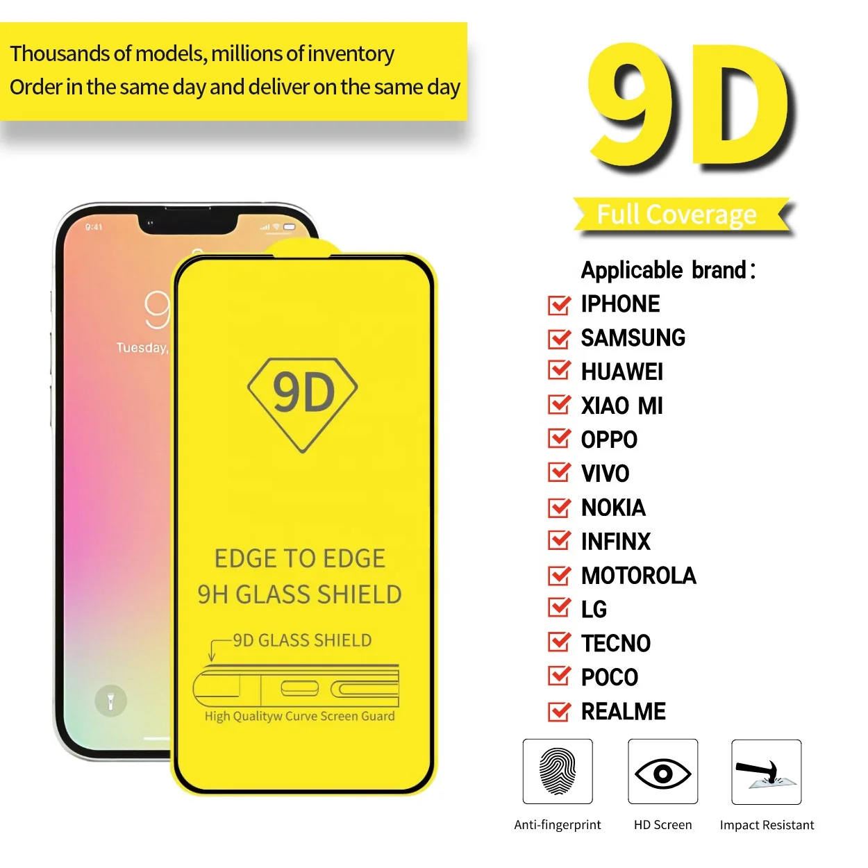 Hot Sale 9D Mobile Phone Film Anti Scratch Tempered Glass Cellphone Mobile Phone Film Screen Protector