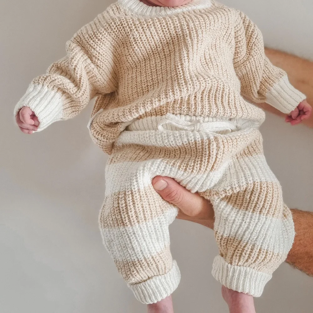 Mildream Toddler Baby Boys Girls Cute Sweater Multi piece set Striped knit Long Sleeve Knitted Sweater set