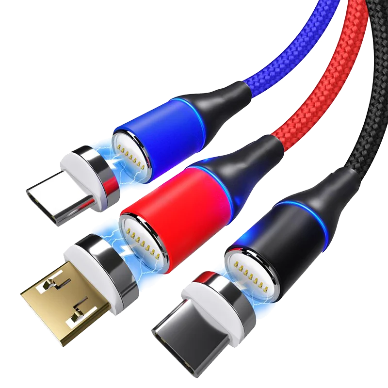 Магнитный usb-кабель 3 в 1 со светодиодной подсветкой 360 зарядный для быстрой зарядки телефона