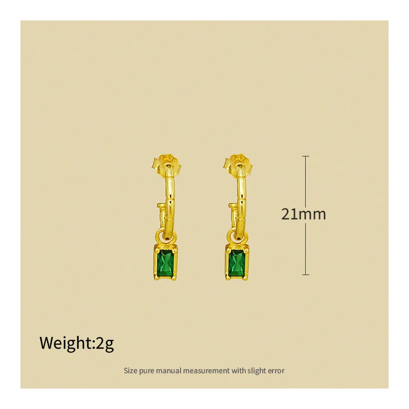 free design s925 silver earrings small premium sense inset emerald zircon earrings C type sterling silver earrings female