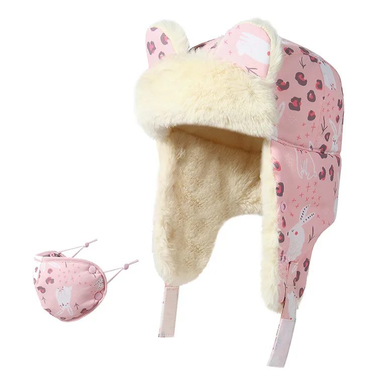 Wholesales Rabbit Kids Outdoor Winter  Furry Warm Trapper Trooper Hat Waterproof Sherpa Earflap Fur Russian Pilot Hat with Mask