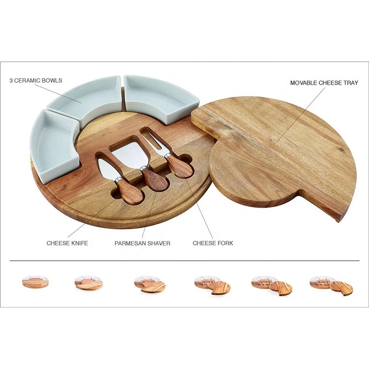 Wholesale round natural bamboo cheese serving board with 3pcs knife fork cutlery tools and ceramic bowl
