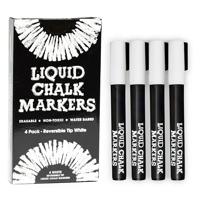 New Package 4 White  Reversible Tips Erasable Liquid Chalk Markers  For Kids & Adults