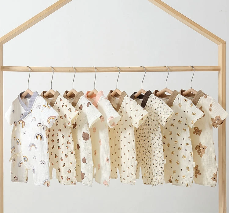 Summer Newborn Infant Toddlers Boys Girls Cartoon Thin Short Sleeve Pajamas Muslin Cotton Clothes Baby Rompers