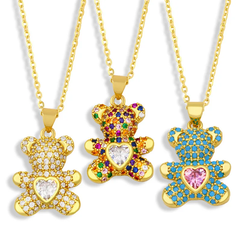 18K Gold Plated Multi Color Cubic Zircon Crystal Cute Bear Pendant Chain Animal Necklace