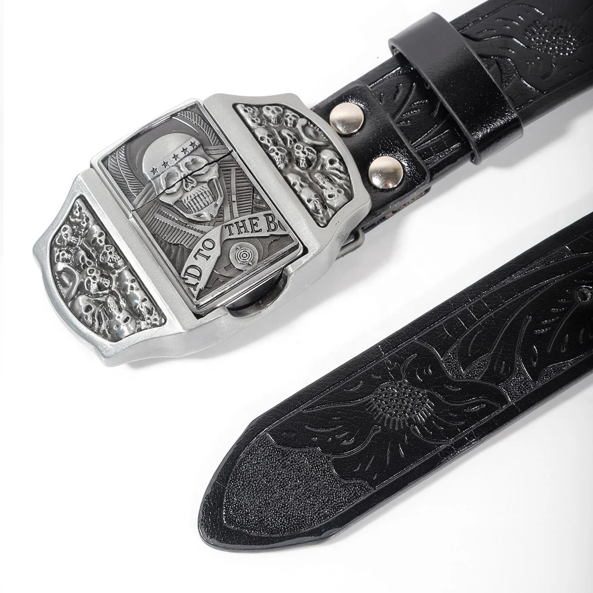 Custom Logo Wholesale Fashion Skull Poker Lighter Buckle Punk PU Leather Belt for Men