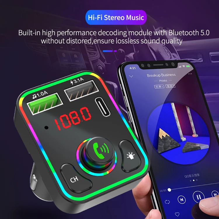 New Bluetooths 5.0 Car charger with colorful led light 3.1A Quick Adapter Dual USB Port Type C PD Car charging station charger