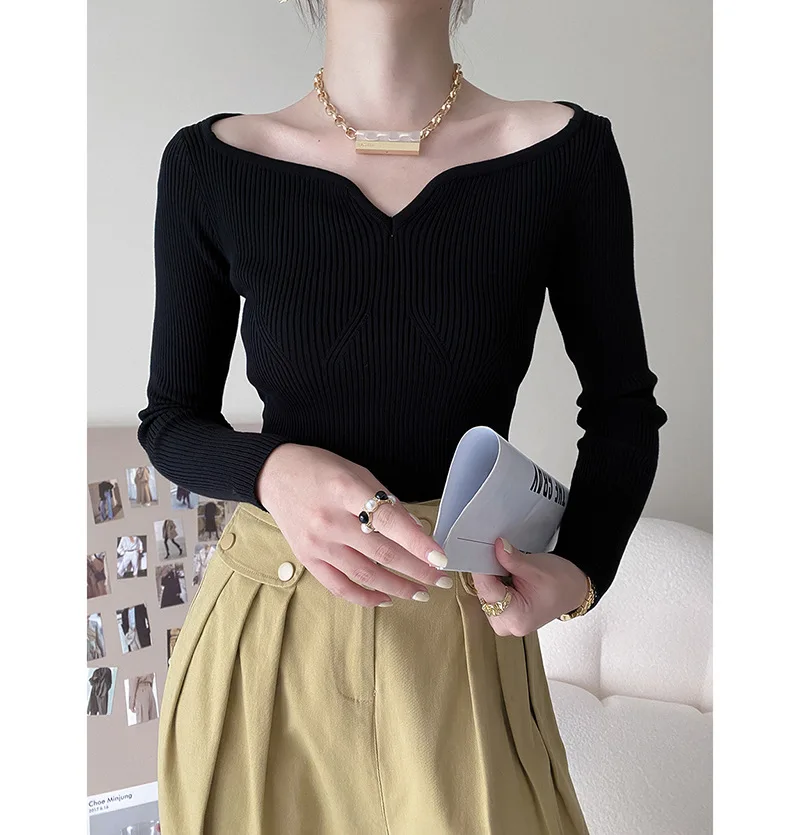 Fashionable Wide Collar Women Lady Tops Knitted Black Basic Sweaters Knitwear for Women