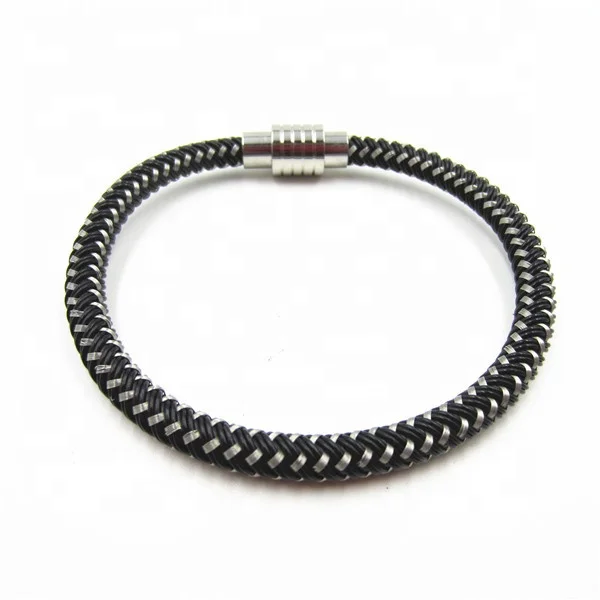 Sini Jewelry High Quality Leather and Stainless Steel Wire Braided wrap bangle Bracelet with magnetic clasp