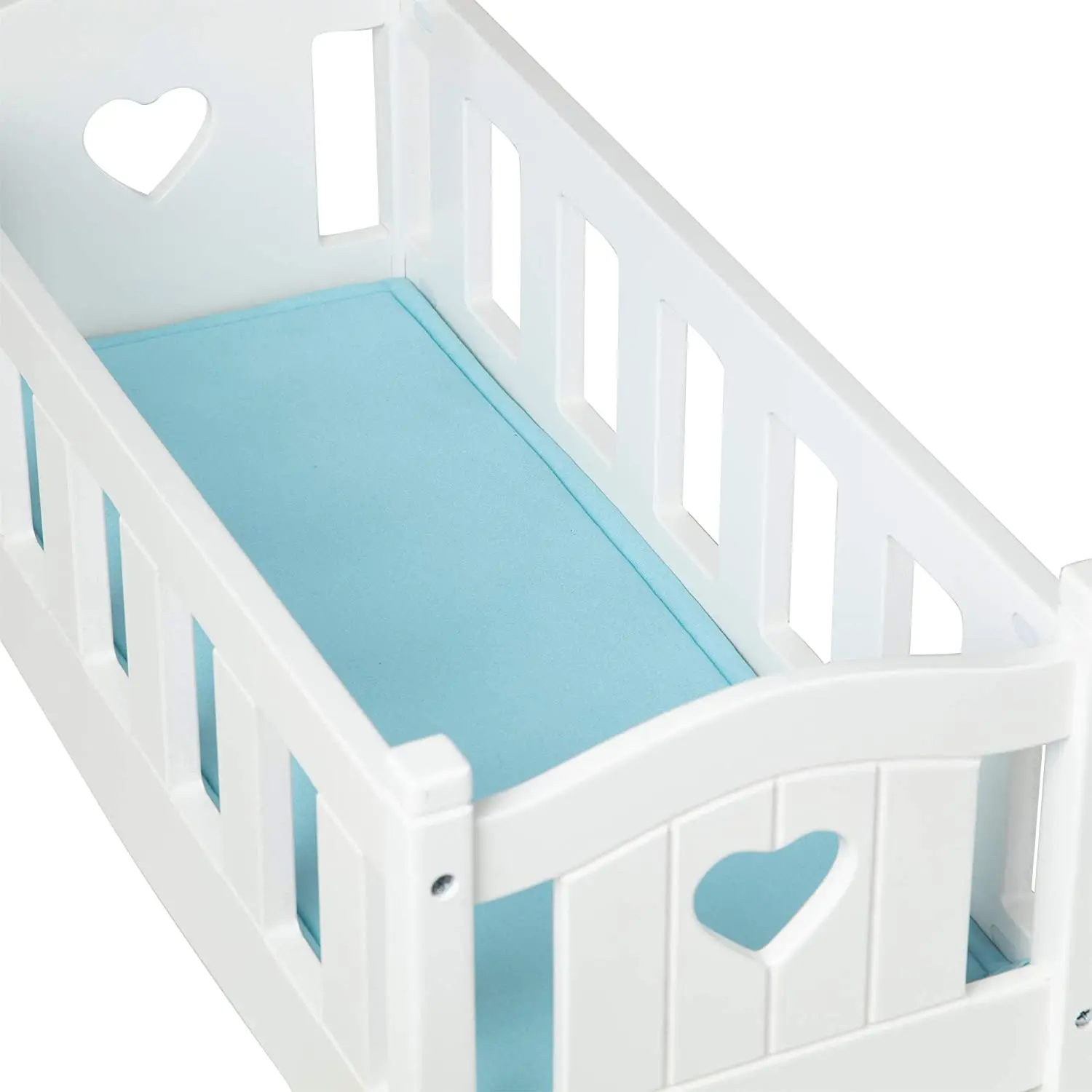 White wooden rocking play cradle for dolls and stuffed animals up to 20 inches tall