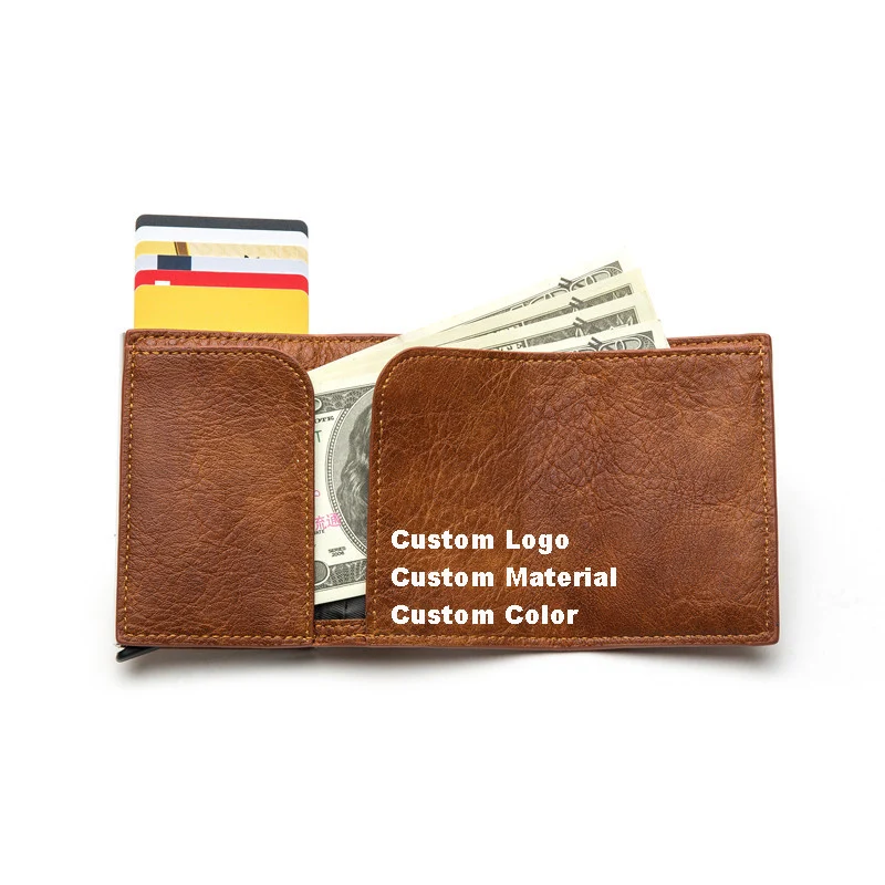 Hot Sale Travel Metal Business Bank Card Case Pop Up Rfid Blocking Pu Leather Card Holder With Window Id Pocket Wallet For Men
