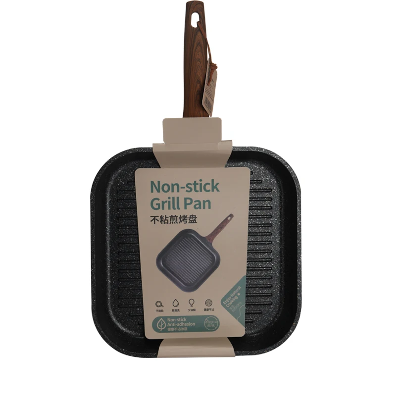 Wooden handle non stick skillets 28 cm square gas grill pan steak pan