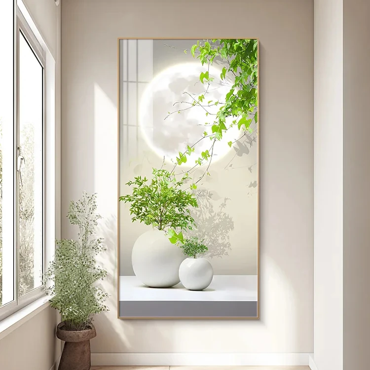 Custom modern paintings  wall arts  Crystal porcelain frame artwork Green plant corridor mural vertical staircase wall painting