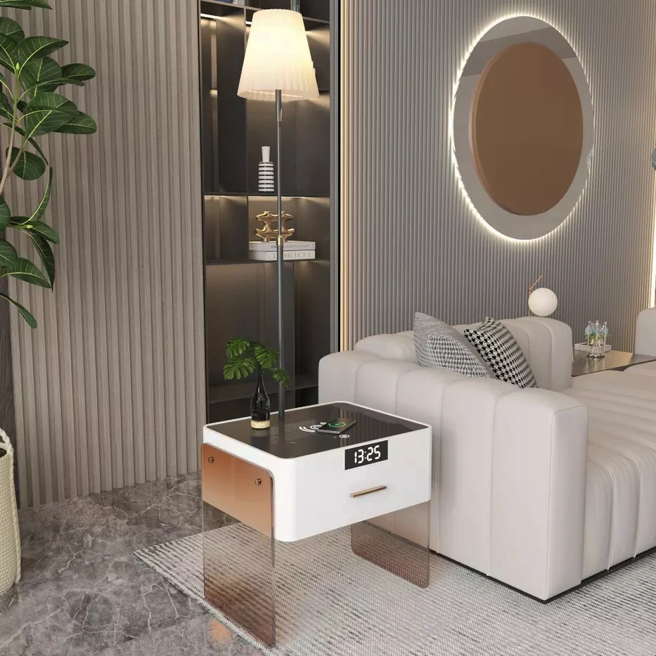 Wholesale Custom Elegant White Digital Clock Light Wireless Charging Smart Home Side Table for Bedroom Livingroom