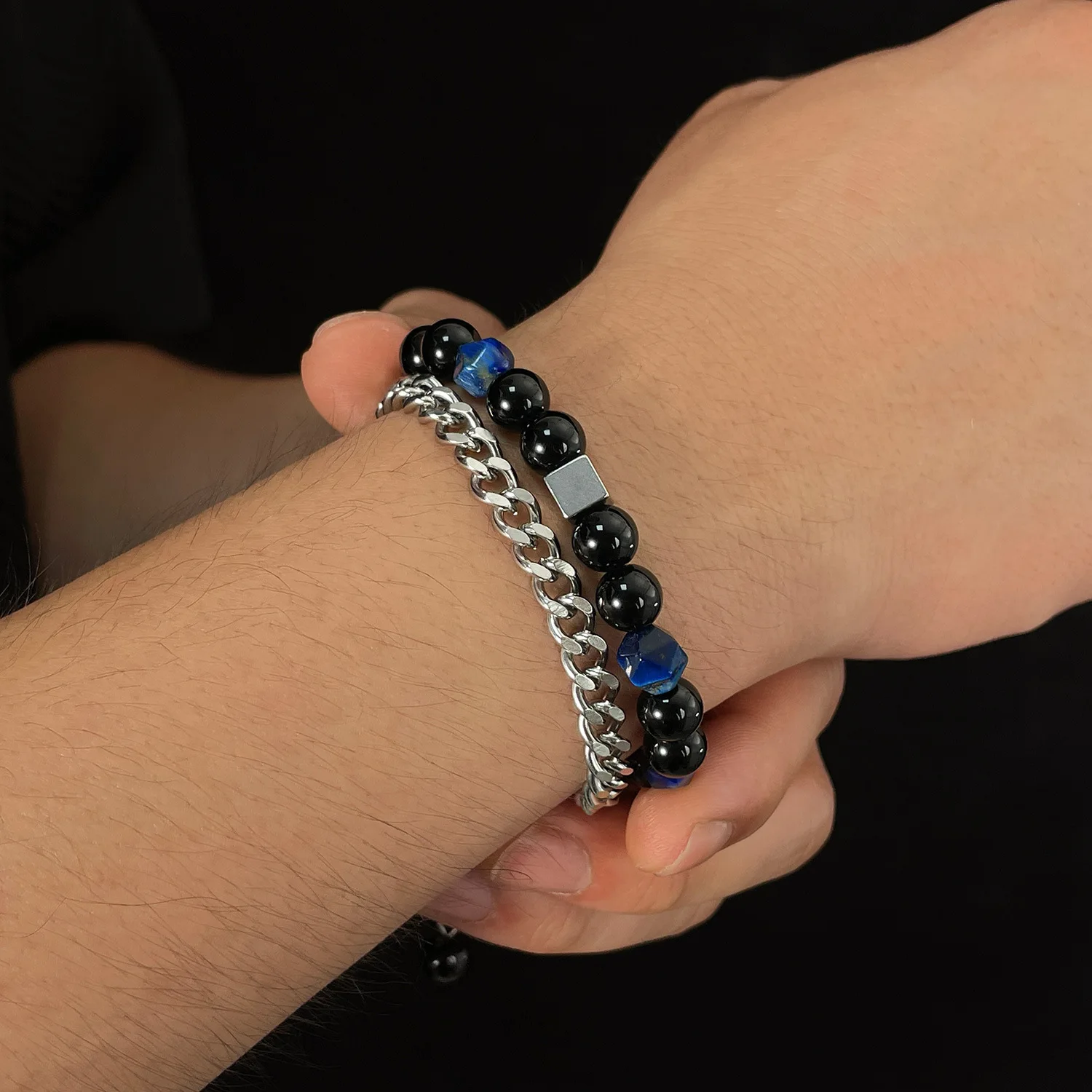 Tendency Luxury Stainless Steel Natural Blue Tiger Eye Stone Bracelets Healing Crystal Bracelet For Men