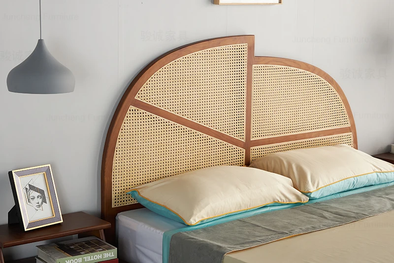 Modern Nordic Bedroom Furniture Solid Wood Bed Wooden Frame Bed Woven Rattan Cane Double 1.5m 1.8m  Bed