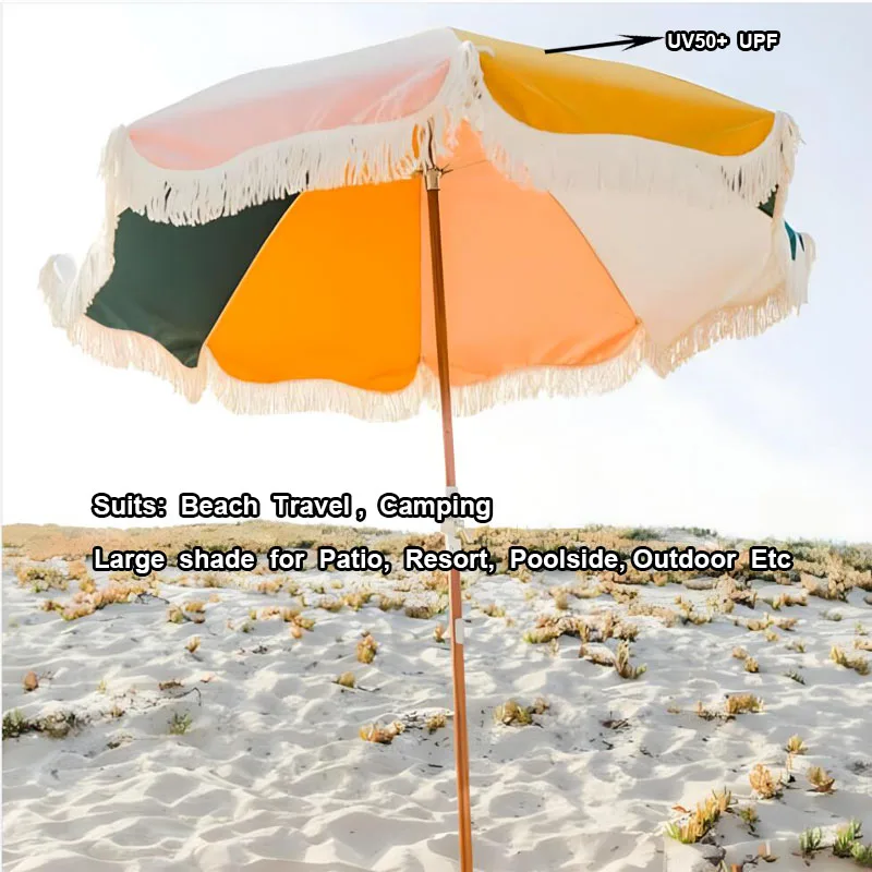 Custom Wholesale 6ft 6.5ft Outdoor Premium Fringed Travel Sun Parasol Wooden Pole Canvas RPET Garden Beach Umbrella with Tassels