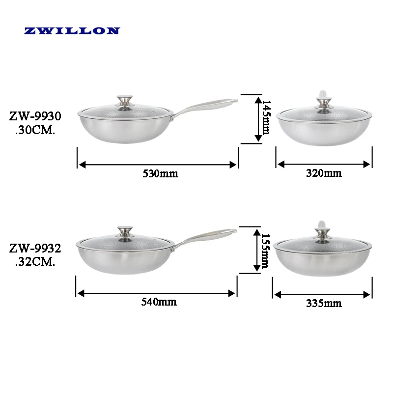 ZWILLON Chinese Wok cookers large cooking 30CM/32CM commercial Easy to clean Insulation stainless steel honeycomb wok