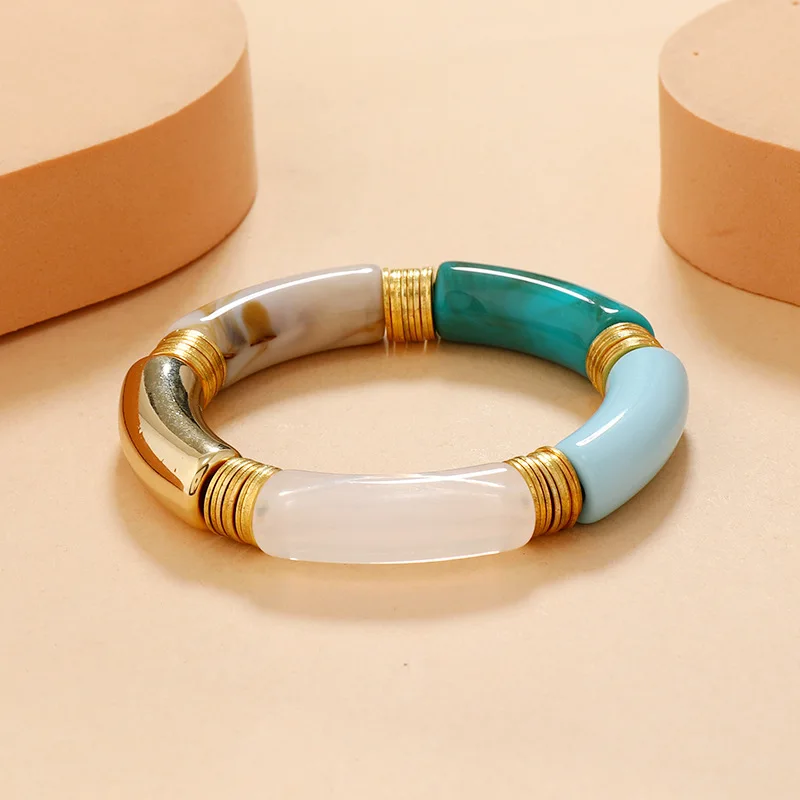 Fahion Bamboo Tube Bangles Bracelet Chunky Curved Stacking Clear Acrylic Colorful Beads Stretchable Friendship Gold Bracelets