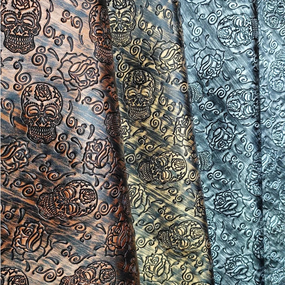 1MM Metallic Vintage Design Tooled Big Skull Rose Embossed Faux Vinyl Fabric Synthetic Leather For Handbags Shoes