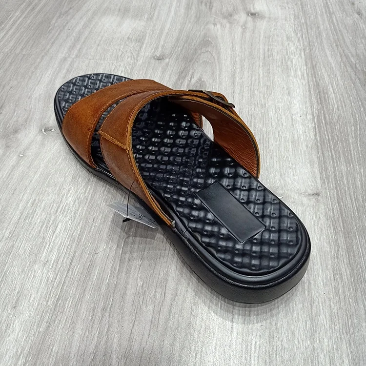 New design vintage leather good quality hardware decorative belt buckle mens slides slippers