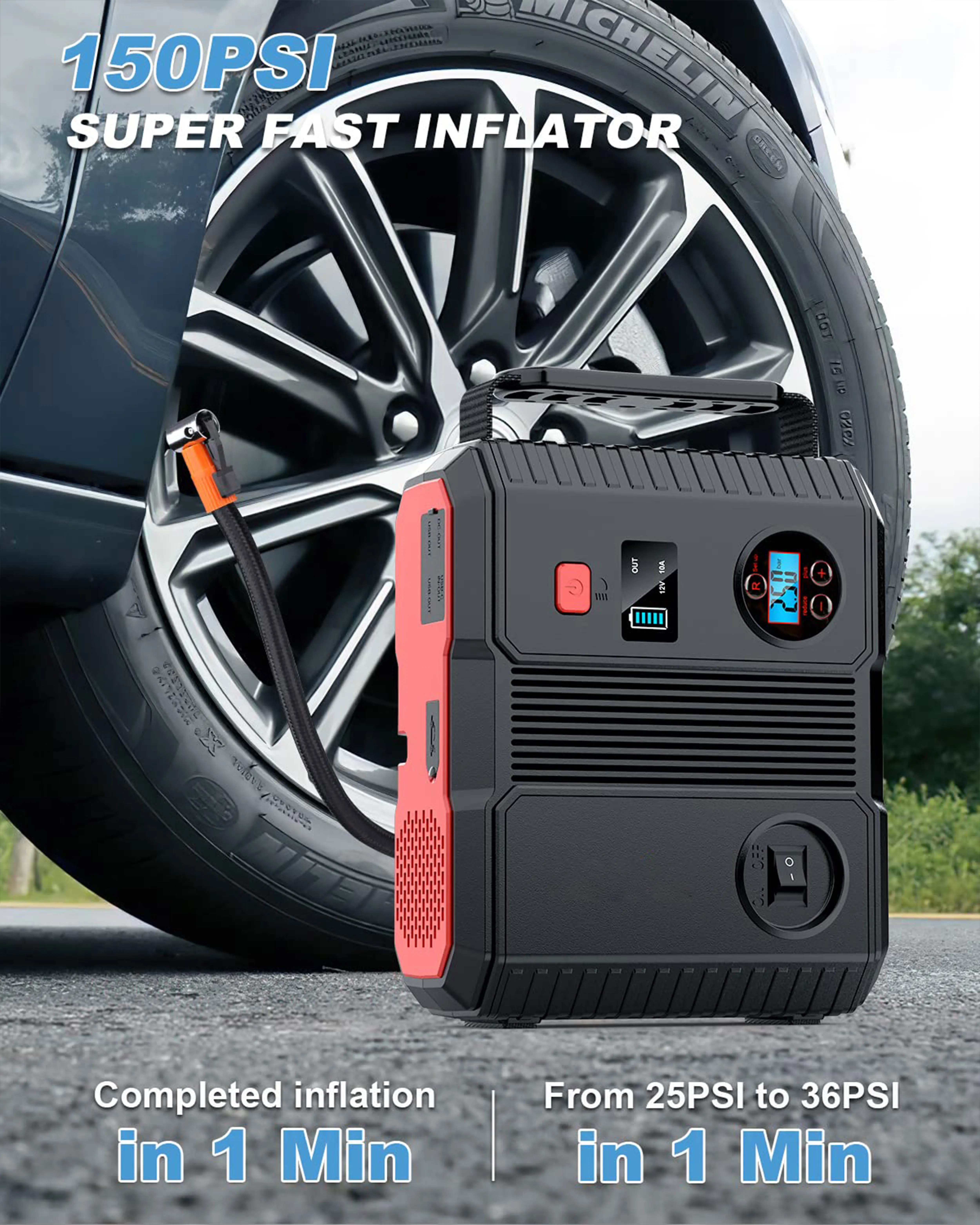 Oem 2023 Multi-Function Powerbank Car Jump Starter Power Bank Air Compressor 24000Mah Car Jump Starter Inflatable Tyre