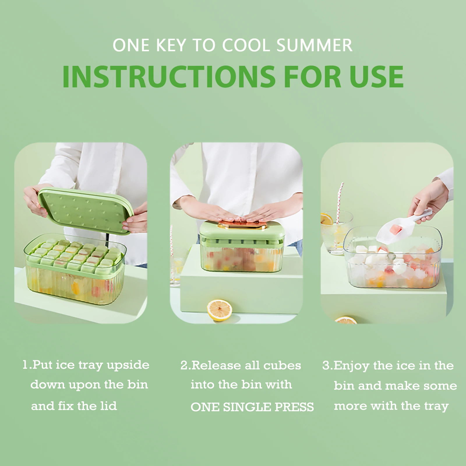 Silicone Ice Cube Tray for Freezer with Lid and Bin 24 Nugget Ice Tray Box Storage Container with Cover Scoop Stackable