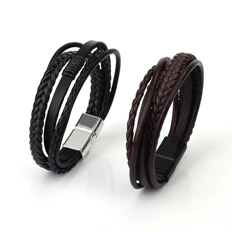 PU leather rope braided bracelet mens personalized temperament bracelet alloy magnetic buckle bracelet ethnic style jewelry