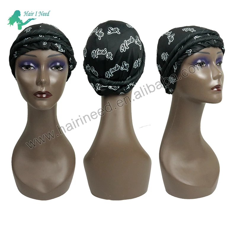 Custom Logo Printed Dome Wave Cap Bonnet Satin Turban Hat Hair Headwear Breathable Bottoming Durag Turban for Men