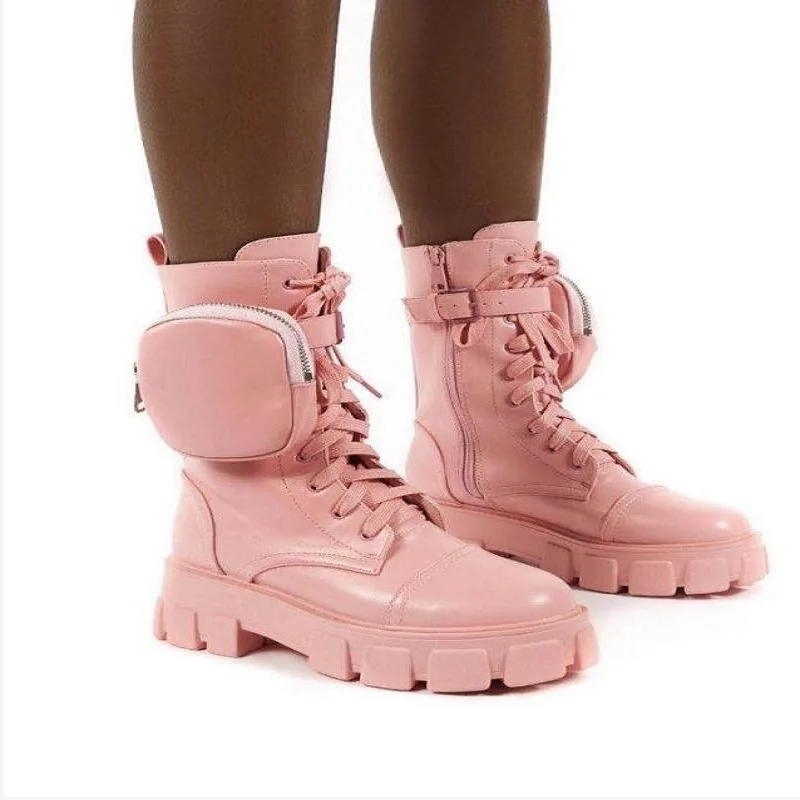 2022 New design women fashion lace-up design pink winter boots high end comfortable ladies boots with bag