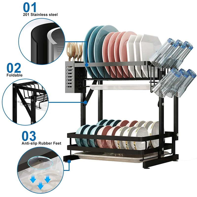 2 Tier Collapsible Dish Drying Rack Folding Plate Holder Dishes Drainer Dryer Organizers with Drainboard for Kitchen Counter