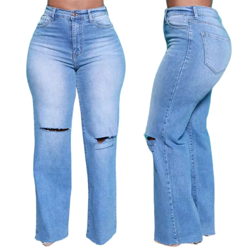 Summer New Arrival Plus Size Brushed Hole Denim Wide Trousers Women Straight Pants Jeans