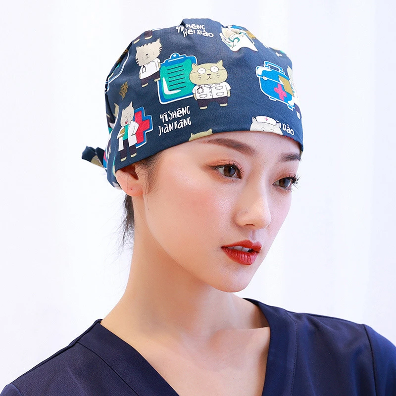 Adjustable Cartoon Print Nursing Scrub hats Wholesale Breathable Medical Uniform Hats with Button