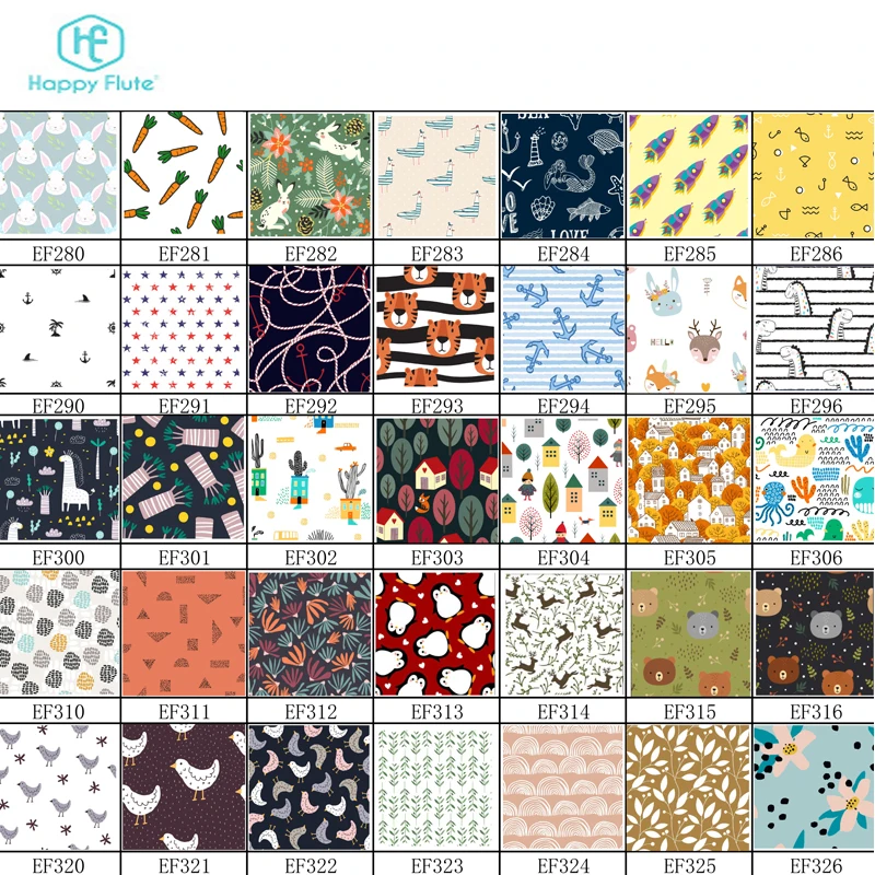 Happyflute оптовая продажа 100% Полиэстеровая ламинированная ткань водонепроницаемая подгузник с 650 принтами собственный дизайн