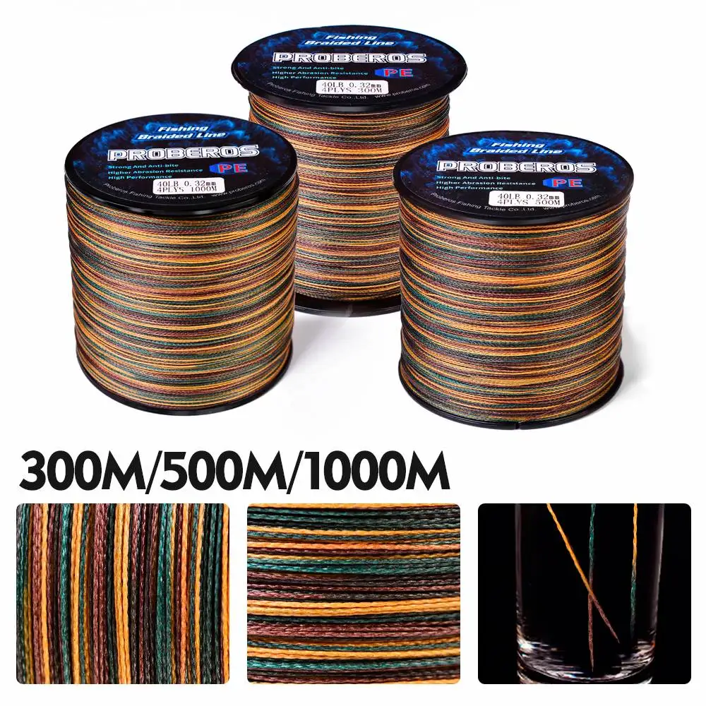 PROBEROS 4 Strands Fishing Line Camouflage Pe Main Line 300m 500m 1000m Pe Strong 4 Weaves Braided Fishing Rope