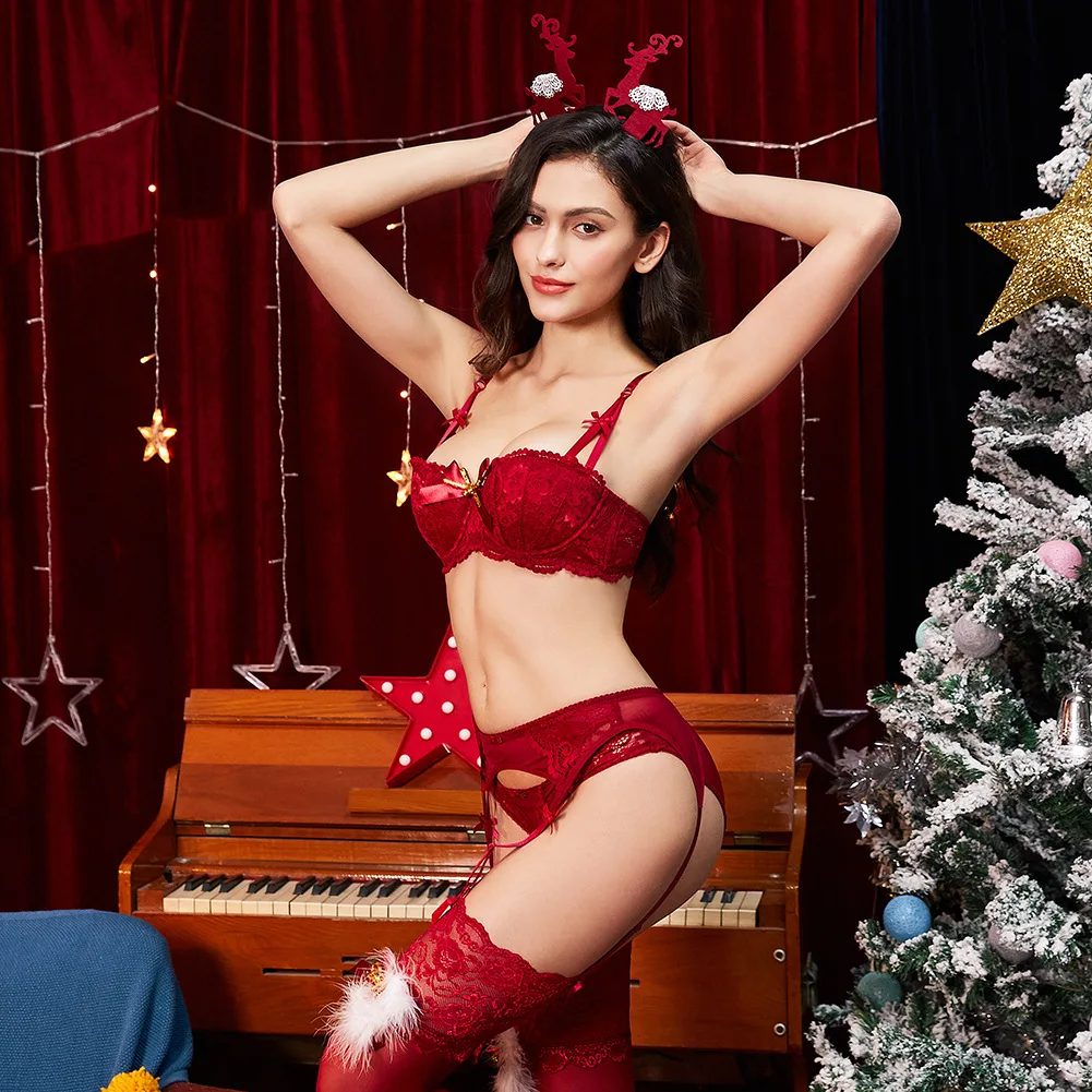 Christmas Underwear Ladies Christmas Red Half Cup Bra Set Native life Red dress up 4 pieces set