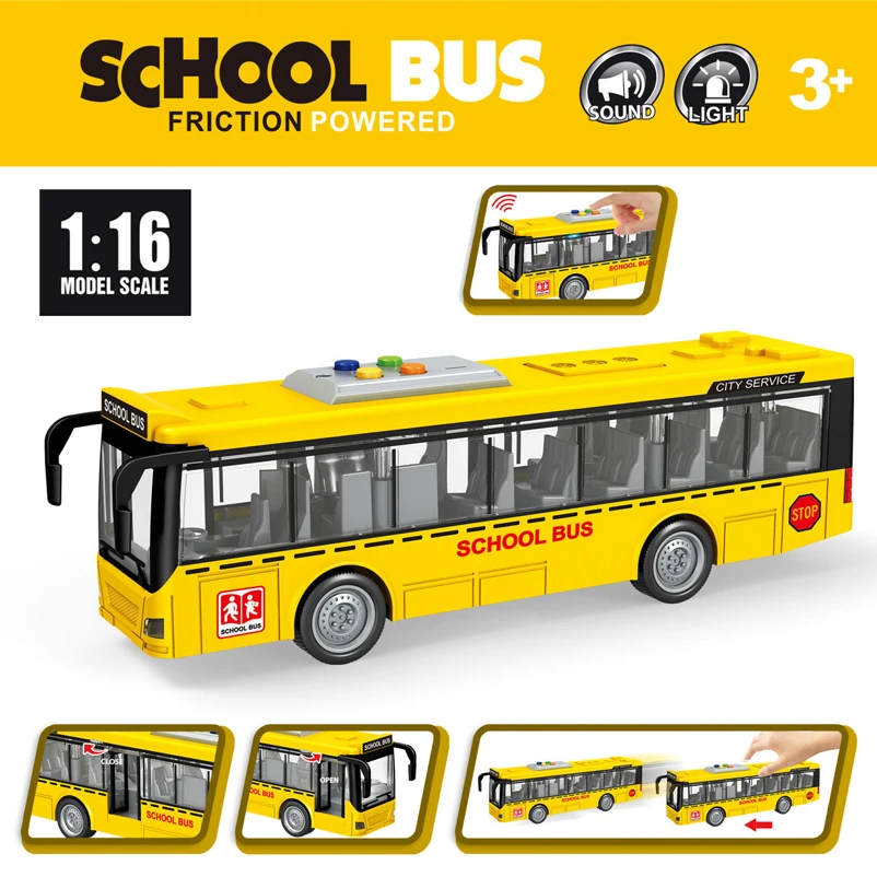 ODM/OEM Custom Model School Bus Toys 1:16 Electric Friction School Bus Toys With Open Door And Light Music