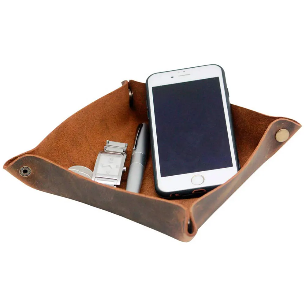 New Design Leather Folding tray for Men Leather Jewelry Catchall Key Phone Coin Box Change Caddy Bedside Storage Box