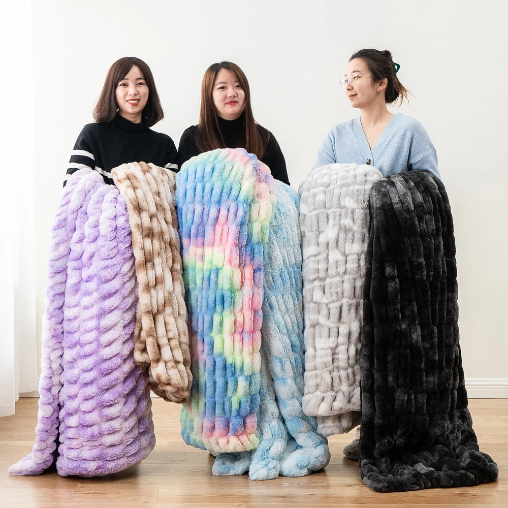 Fluffy Scrunch Warm Elastic Spandex Tie Dye Rabbit Mink Blanket Luxury Winter Throw Blanket Ruched Faux Fur Winter Mink Blankets