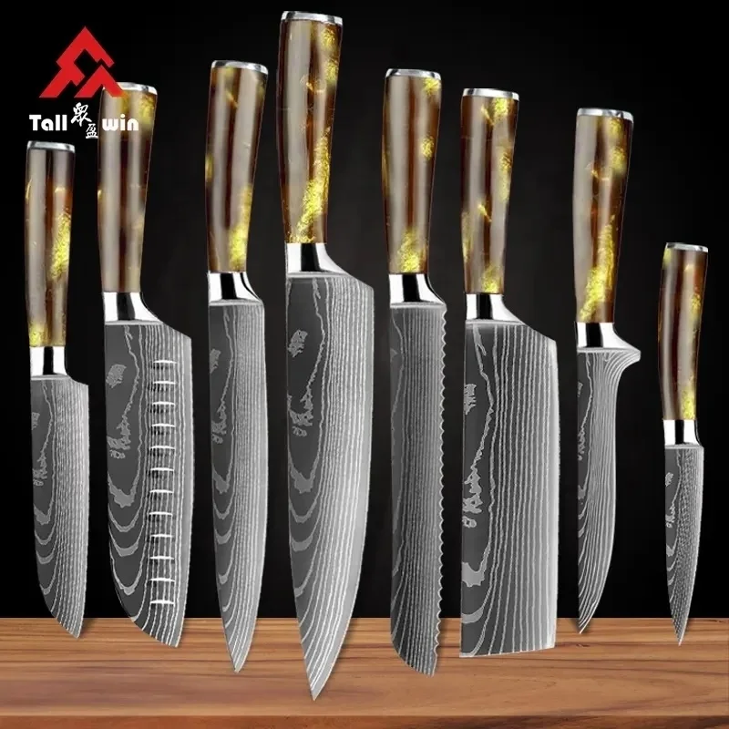 TOALLWIN kitchen knife cuchillo 3Cr13 laser engraved stainless steel resin handle Japanese chef kitchen knife set kitchen knives