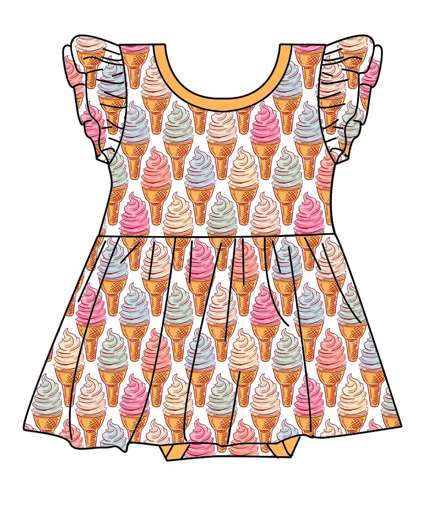 Boutique Bamboo Fabric Custom Ice Cream Pattern Custom Baby Girls Dress Summer Baby Girl Clothes