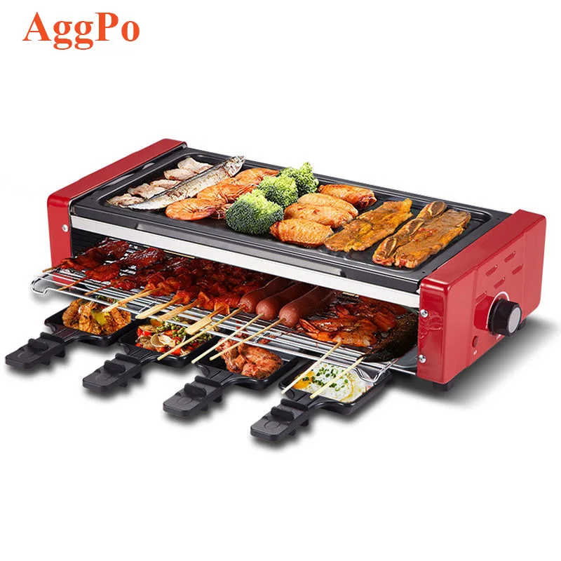 Multifunction Household Electrical Tabletop BBQ Grill Portable Square Barbecue Raclette with 8 Aluminum Plates