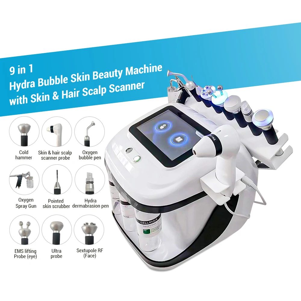 Newest design 9in1 hydro dermabrasion peeling hydra skin facial machine oxygen jet with hair/skin scanner
