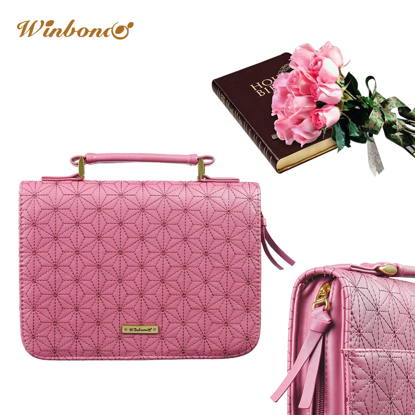 Christian Art Gifts Ladies Fashion Bible Cover Elegant Grey Rose, pink faux leather, large size