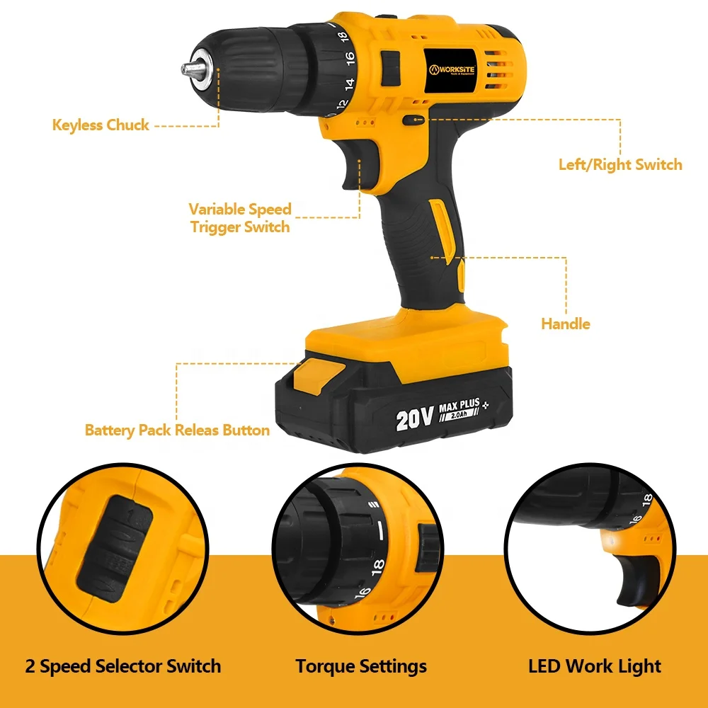 WORKSITE Customized 20V Power Drill Battery 19+1 Chuck 30Nm Portable Rechargeable Cordless Drill Driver