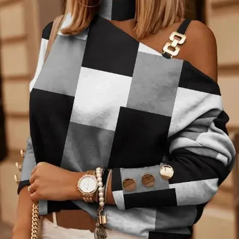 Autumn Winter Women Shirts Solid Color Long Sleeved Chain Neckline Printed Button Decoration Casual Shirt