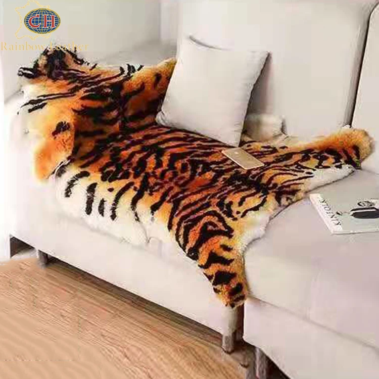Real sheepskin fur rug long pile tiger shape printed animal genuine leather rug