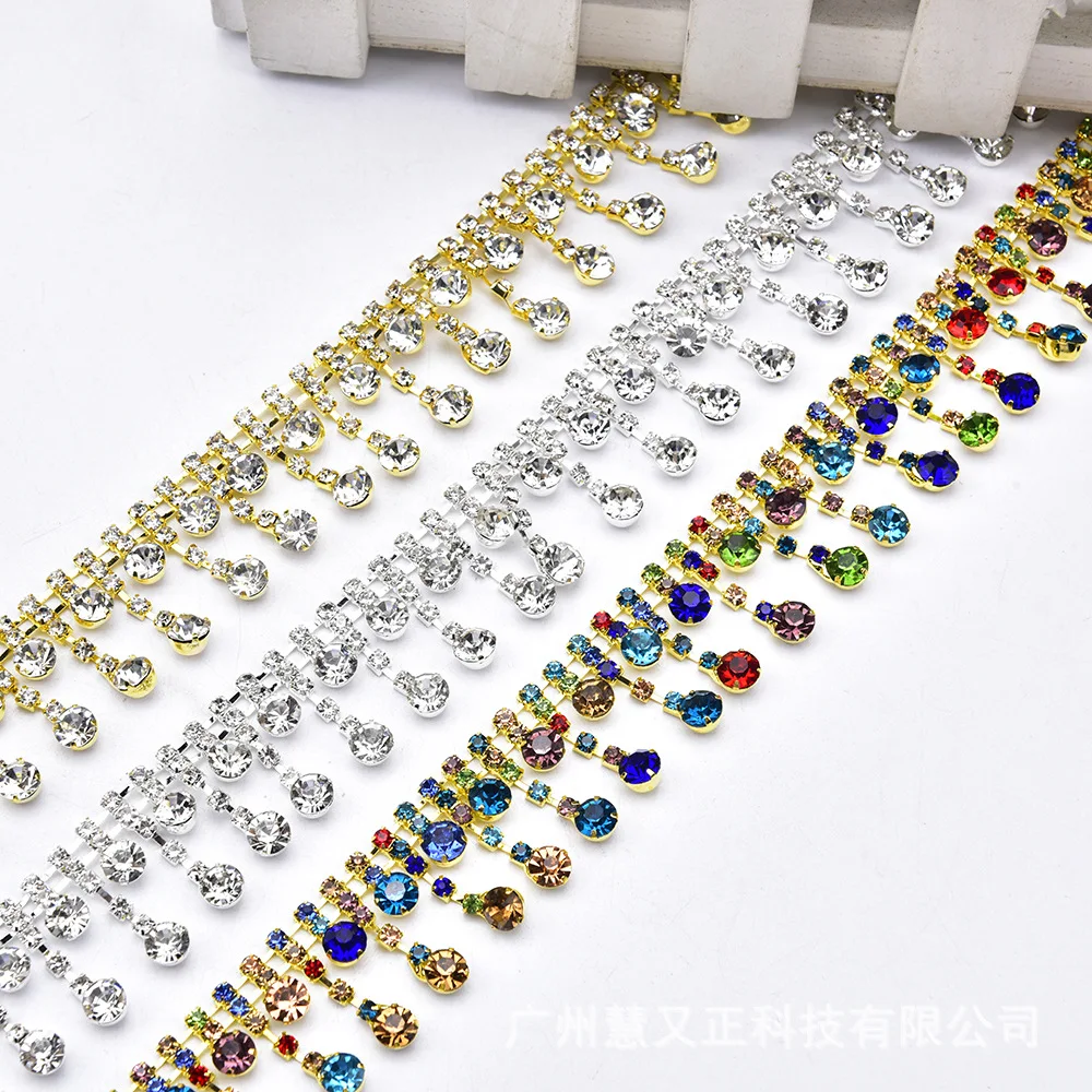 JFRT041 Short Round Pendant Glass Rhinestone Fringe Crystal Tassel Metal Chain Trim for Shoes Dress Bags Decoration Accessories